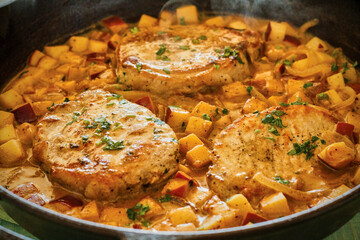 seared pork chops with sautéed apples topped with a mustard sauce