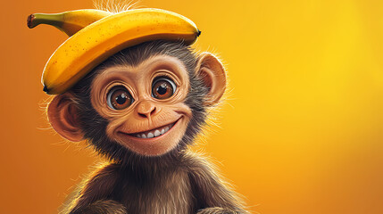 A cheerful monkey wearing a banana hat, showcasing a playful personality in a vibrant illustration. Playful Jungle Creatures. Illustration