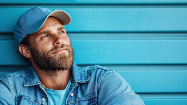 A charismatic man wearing a cap gazes thoughtfully against a vibrant blue background, embodying confidence and approachability in a portrait that speaks to his character.