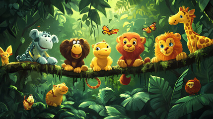Fototapeta premium A colorful jungle scene featuring various cartoon animals on a branch, promoting fun and friendship. Playful Jungle Creatures. Illustration