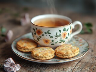 Fototapeta premium Cozy tea and biscuits setup home kitchen food rustic environment close-up view high-resolution textures