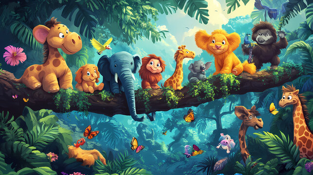 A colorful jungle scene featuring various cartoon animals on a branch, promoting fun and friendship. Playful Jungle Creatures. Illustration