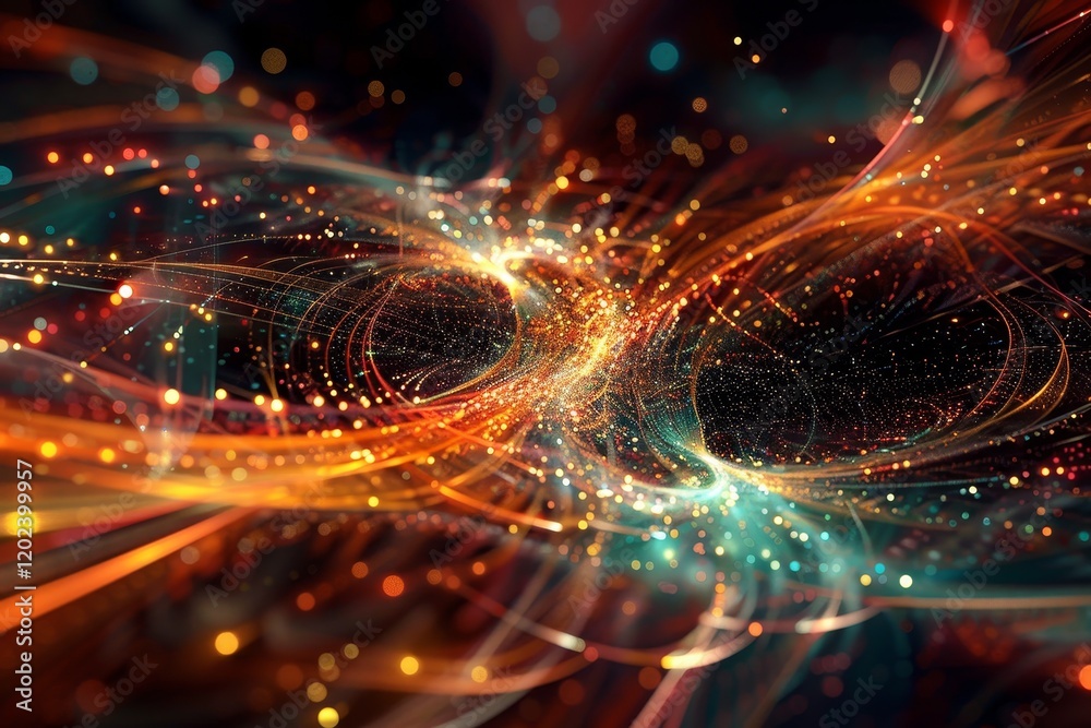 Poster Abstract image of data streaming through a virtual space, Energetic bursts of data streaming through virtual networks