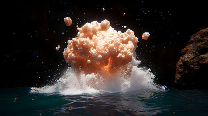 Orange cloud explosion in dark water.