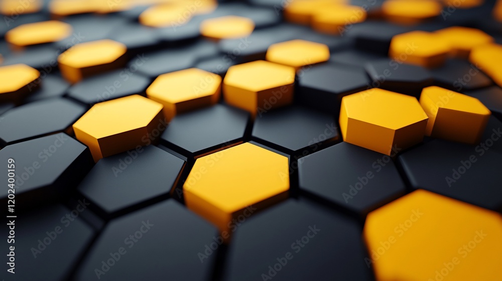 Poster Abstract 3D hexagonal pattern with dark grey and gold hexagons.