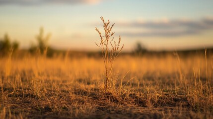 Fototapeta premium Single plant in dry field at sunset.