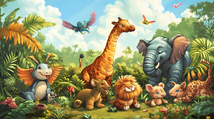 Obraz premium A playful gathering of friendly animals in a lush, hand-drawn jungle setting under a bright sky. Playful Jungle Creatures. Illustration