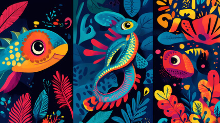 A themed set of colorful animal illustrations, including jungle, forest, and underwater creatures, designed with playful details. Playful Jungle Creatures. Illustration