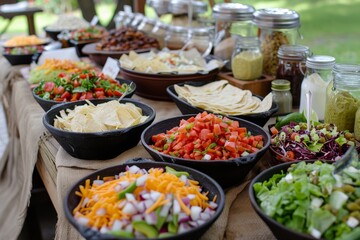 Self-serve taco bar with fresh toppings like diced tomatoes, onions, cheese, and lettuce, ready to assemble, A make-your-own taco or burrito bar