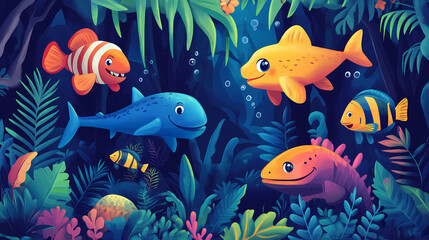 A themed set of colorful animal illustrations, including jungle, forest, and underwater creatures, designed with playful details. Playful Jungle Creatures. Illustration