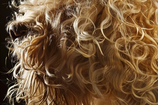 A close-up shot showcasing the intricate curls of a dogs wiry fur, Curly, wiry fur that looks tangled and untamed