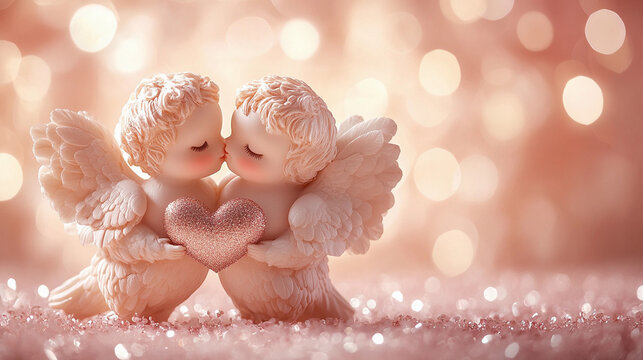 Cherubic angels with delicate details embracing a glittering heart with serene expressions - Powered by Adobe