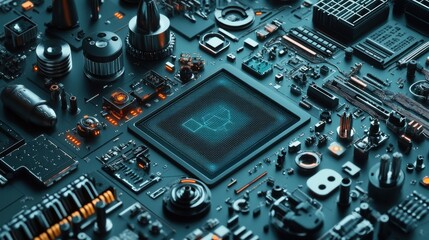 An intricate image of a machine learning algorithm visualized as a neural network diagram on a tablet surrounded by manufacturing parts symbolizing the integration of AI into the planning
