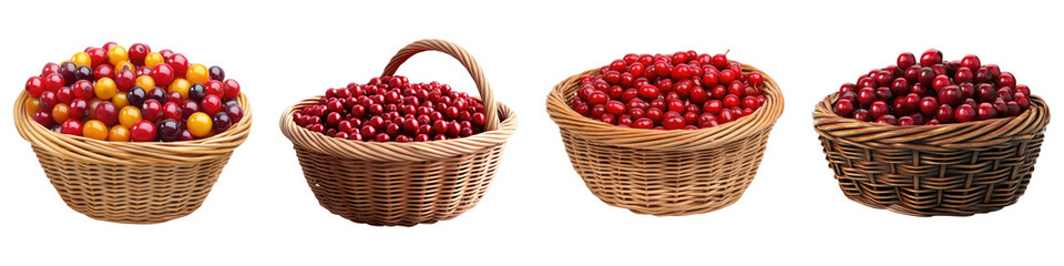 Plastic basket holding miracle berries isolated on transparent background, Set of