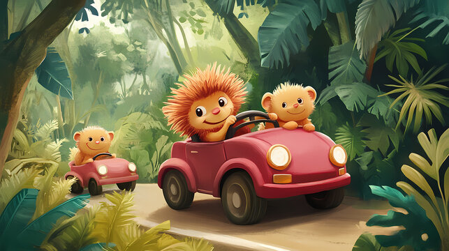 Adorable furry friends take the wheel in a playful expedition. witness the unlikely sight of fluffy creatures navigating the roads with charm and enthusiasm. Playful Jungle Creatures. Illustration
