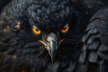 A black eagle stares intensely with piercing yellow eyes, Sharp yellow eyes staring out from its dark feathers