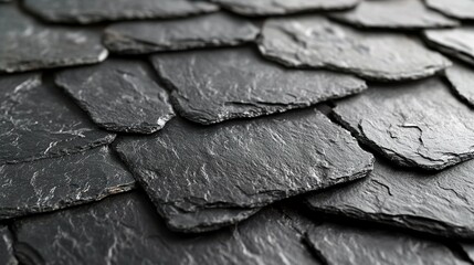 Dark slate roof tiles closeup, overlapping pattern, exterior building material