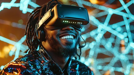 Young African man with VR headset and futuristic gear, immersed in a gaming experience. Perfect for esports campaigns and game launches.