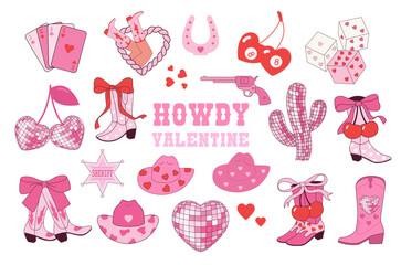 Howdy Valentine. Valentines day icons set cowboy style, wild west
