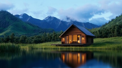 Obraz premium Serene Mountain Cabin by the Lake - Cozy wooden cabin nestled by a tranquil lake, surrounded by majestic mountains. Symbolizing peace, tranquility, escape, nature, and comfort.