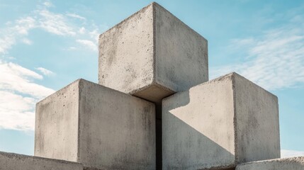 Three concrete cubes stacked against a blue sky.
