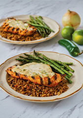 southwest style grilled chicken on a bed of wild rice with grilled asparagus on a plate
