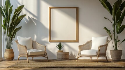 Modern Minimalist Living Room with Rattan Chairs and Plants