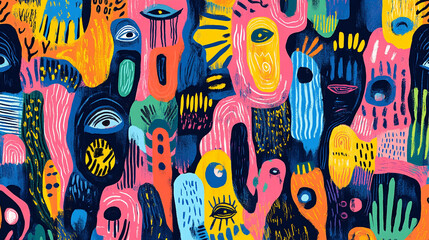 Obraz premium Colorful abstract art depicting faces and shapes in vibrant patterns and hues