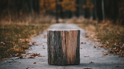 Tree stump on path in autumn forest.