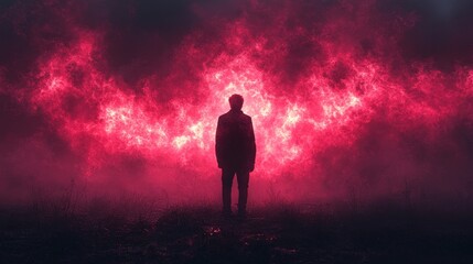 Fototapeta premium A man stands in a field of red smoke