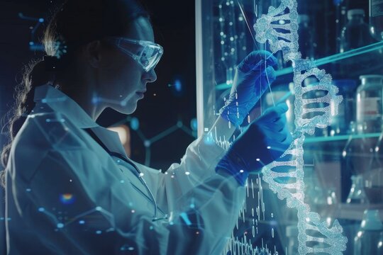 A female scientist in a lab coat examines a digital DNA strand on a holographic display, Imagine a world where biotechnology has revolutionized healthcare