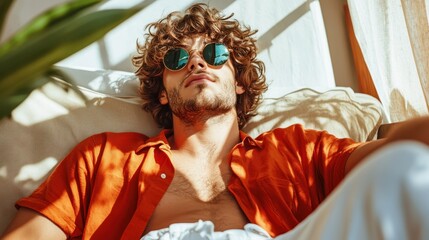A stylish young man lounges in a bright room, wearing sunglasses and an orange shirt, exuding a relaxed, carefree vibe amidst soft lighting and greenery.