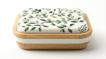 Elegant ceramic container with green leaf design and bamboo base