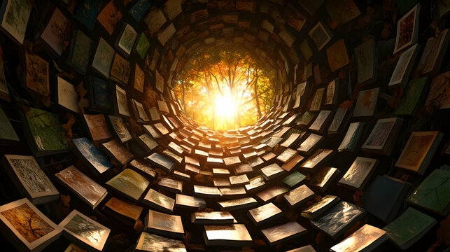 Picturesque tunnel of colorful framed images leading to a bright autumnal forest.