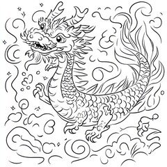 Line drawing of a dragon in clouds, for coloring books and educational purposes
