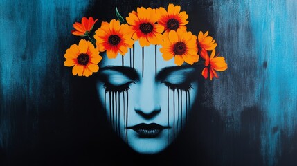 Sorrow's Bloom - A serene yet sorrowful woman, adorned with vibrant flowers, embodies grief, loss, resilience, and the bittersweet beauty of life's transience. Tears stream down her face, symbolizing 