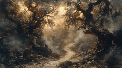 Enigmatic Forest Pathway with Twisted Trees and Mysterious Atmosphere