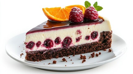 Delicious Berry Cheesecake Slice with Fresh Orange and Mint Garnish