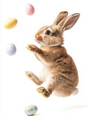 Obraz premium Cute rabbit jumping surrounded by floating colorful Easter eggs isolated on white background.