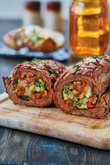 roasted vegetables and cheese stuffed skirt steak