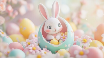Obraz premium A cute Easter bunny inside an open, colorful egg with flowers and eggs around it.