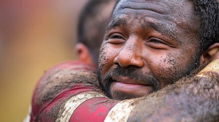 Emotional embrace of rugby players after intense match in mud