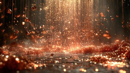 Captivating Glowing Particles in an Enchanting Golden Rain Scene