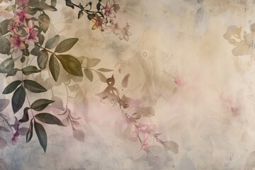 A tranquil watercolor background with soft pink blossoms and green foliage, A peaceful watercolor background with a subtle floral motif