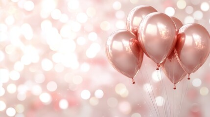 Shiny pink gold balloons on the white and pink bokeh background.