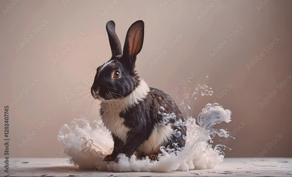 Poster A rabbit is standing in a spray of white foam. The rabbit is black and white and has a curious look on its face. The scene is playful and whimsical, with the rabbit seemingly enjoying the spray of