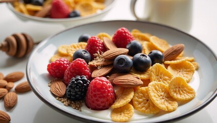 Vegan-vegetarian friendly cornflake bowl featuring added fiber from flaxseed  sans dairy showcased in a detailed close up shot
