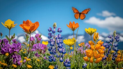Obraz premium Colorful Wildflowers with Butterfly in Scenic Mountain Landscape