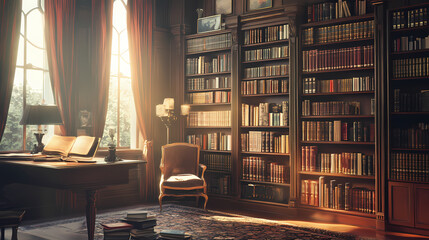 Stunning photorealistic portrait showcasing classic bookcase filled with vintage books, creating warm and inviting ambiance perfect for study or library setting. Vintage Library Setting. Illustration