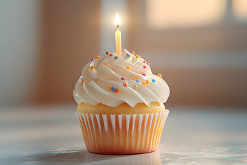 A beautifully decorated birthday cupcake with swirls of frosting, a single candle, and vibrant sprinkles, set on a clean table against a bright and airy background, detailed and photorealistic